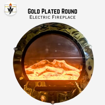 Gold Plated Round Electric Fireplace in Pakistan with glowing flame and luxury circular design