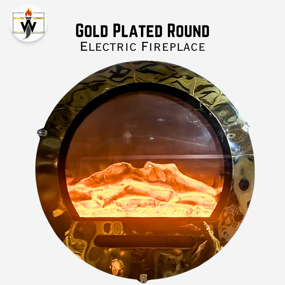 Round FIREPLACES Gold Plated Round Electric Fireplace in Pakistan with glowing flame and luxury circular design