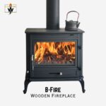 B-Fire Cast Iron Wood Burning Fireplace with traditional design and roaring flames.