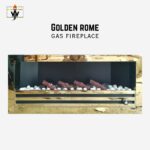 Golden Rome Gas Fireplace with golden metal body and customizable sizes, perfect for modern interiors in Pakistan.