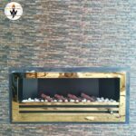 Golden Rome Gas Fireplace with golden metal body and customizable sizes, perfect for modern interiors in Pakistan.