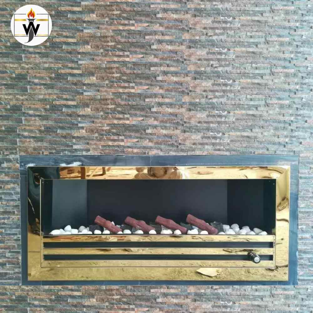 GOLDEN ROME GAS FIREPLACE Golden Rome Gas Fireplace with golden metal body and customizable sizes, perfect for modern interiors in Pakistan.