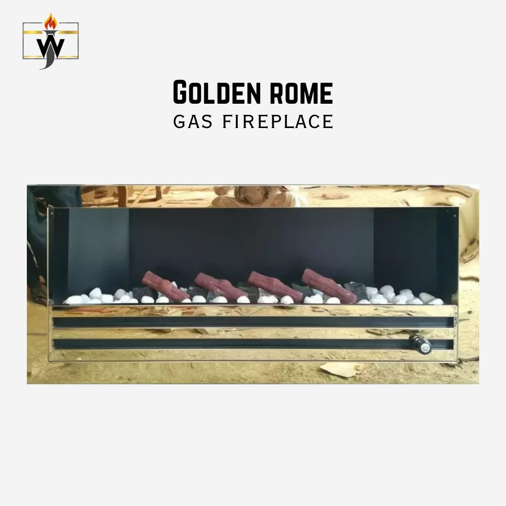 GOLDEN ROME Golden Rome Gas Fireplace with golden metal body and customizable sizes, perfect for modern interiors in Pakistan.
