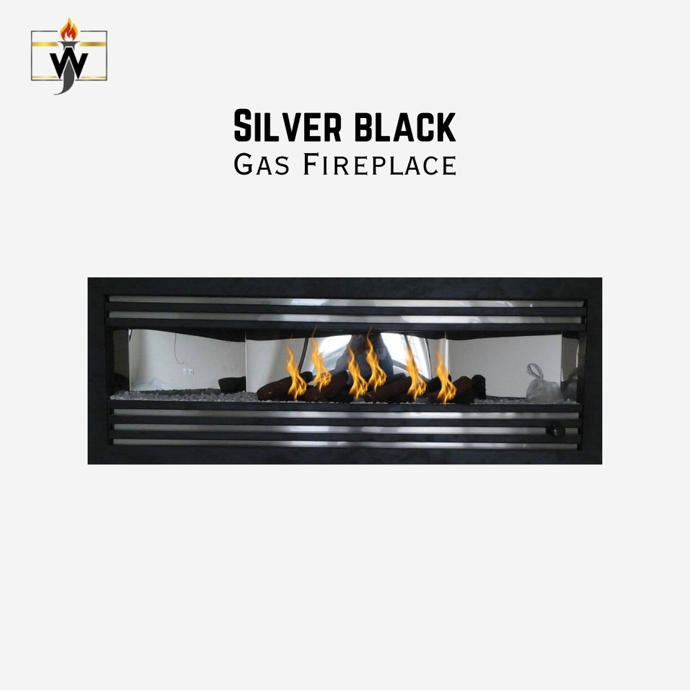 Silver black gas fireplace n Silver Black Gas Fireplace with sleek silver and black metal design and customizable sizes
