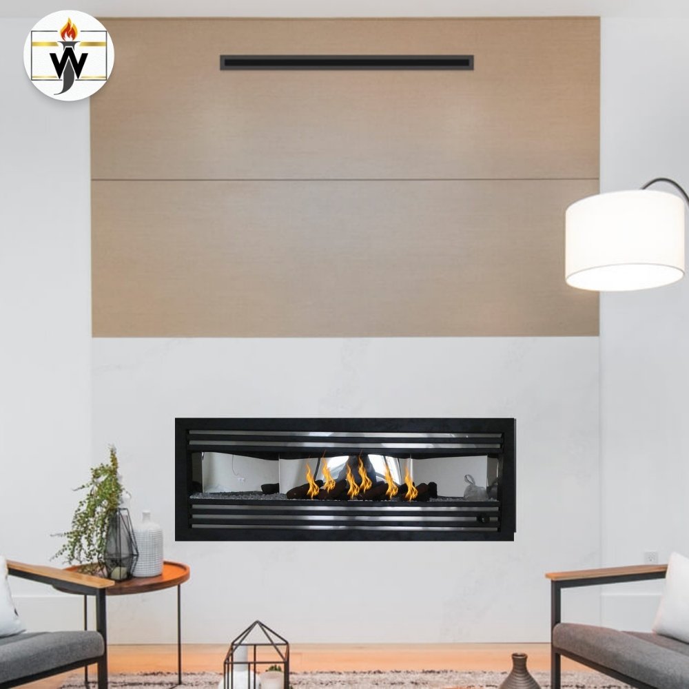 Silver black gas fireplace Silver Black Gas Fireplace with sleek silver and black metal design and customizable sizes