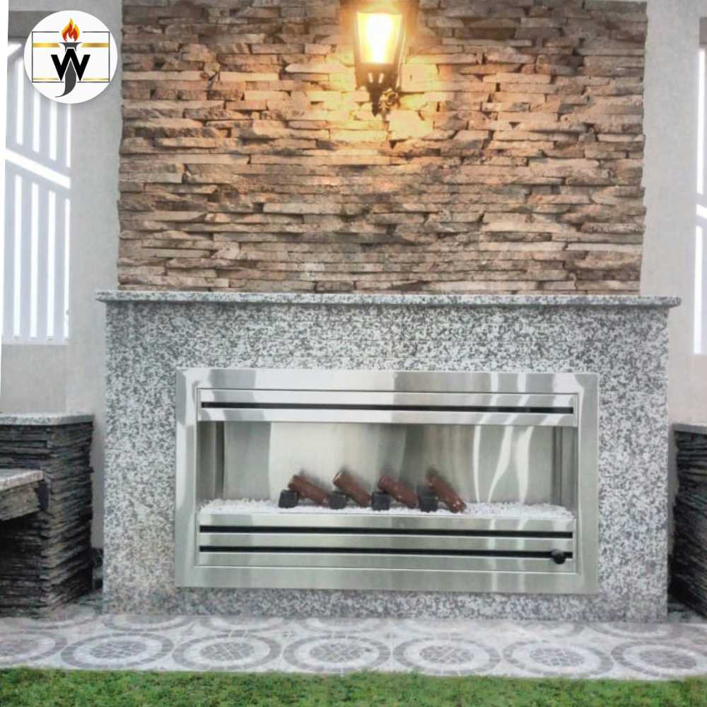 Silver pine gas fireplace m Silver Pine Gas Fireplace with sleek silver metal finish and modern design for energy-efficient heating.
