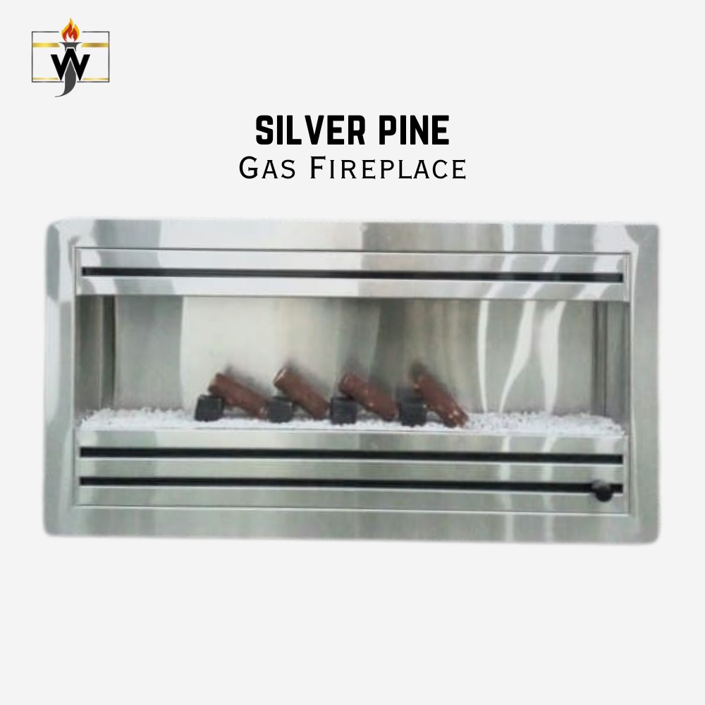 Silver pine gas fireplace Silver Pine Gas Fireplace with sleek silver metal finish and modern design for energy-efficient heating.