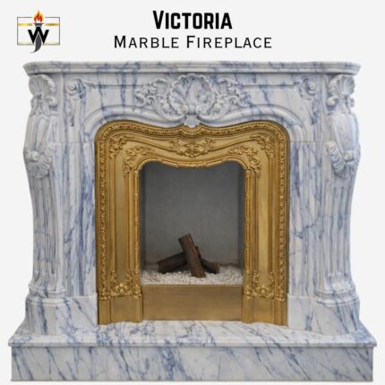 Victoria Marble Fireplace in Pakistan Victoria Olympic Striato stone white base with black stripes and brass gas burning interior.