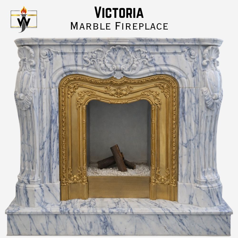 Victoria 1 Victoria Marble Fireplace in Pakistan Victoria Olympic Striato stone white base with black stripes and brass gas burning interior.